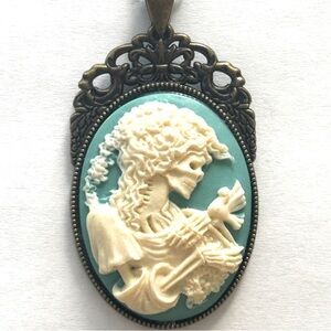 Blue and White Skeleton Lady Cameo Victorian Style Necklace, NWT, Handmade